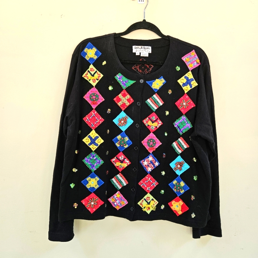 Vintage Jack B Quick Christmas Cardigan Women's Size XL Beaded Embellished